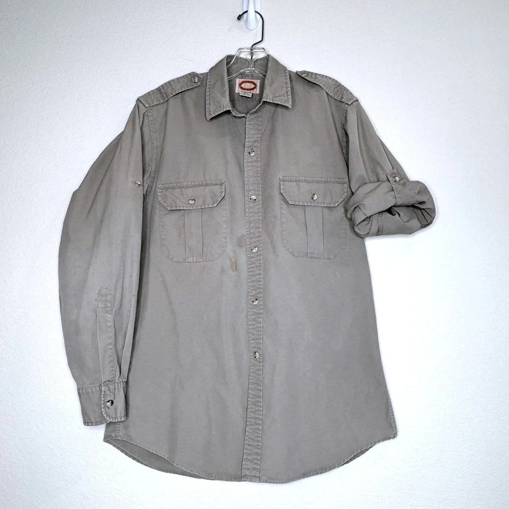 VTG BANANA REPUBLIC Archive Button Safari Mens Shirt M Khaki Stained 80s